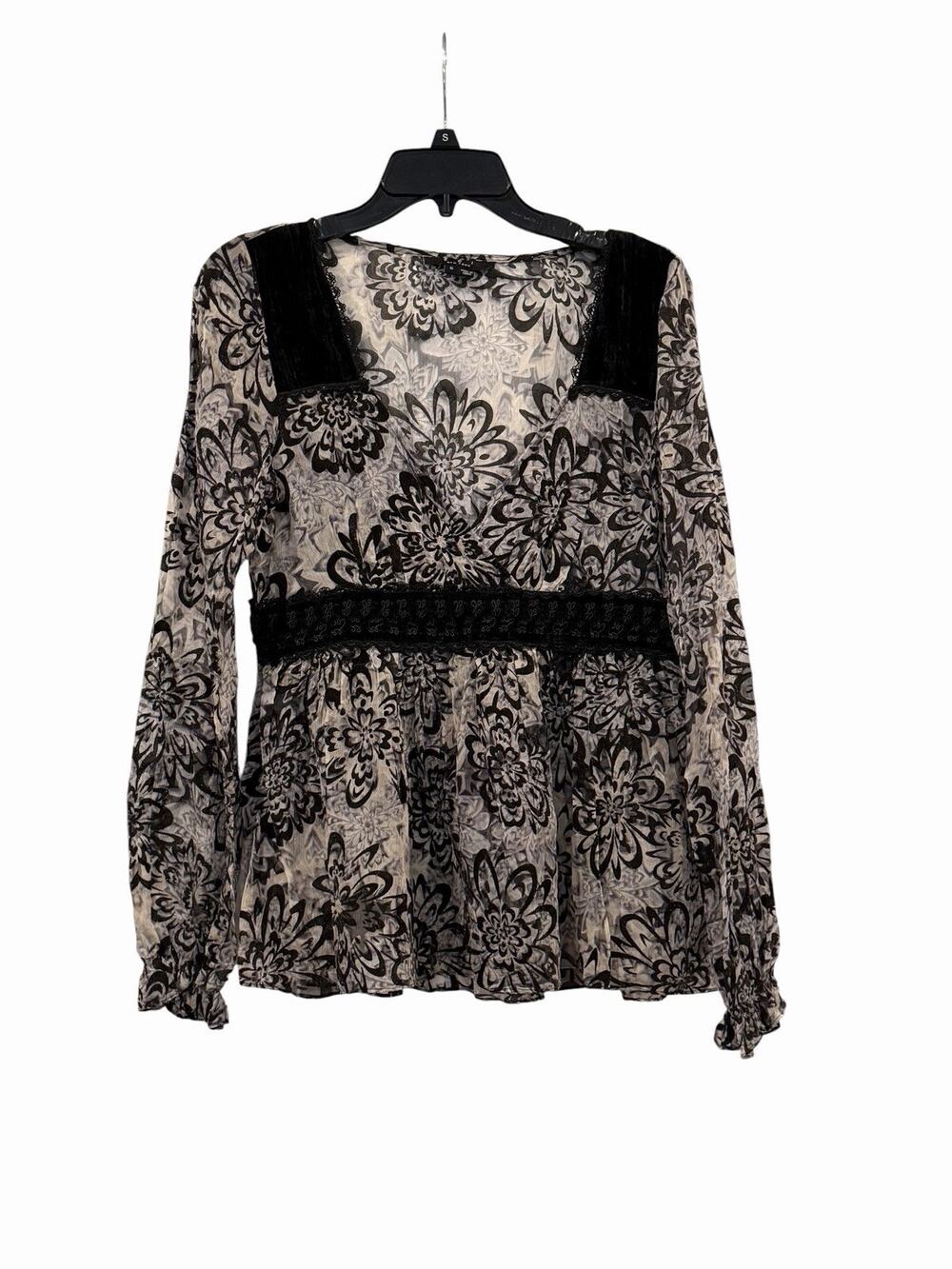ECI New York Black White Floral Babydoll Sheer Top Size 6 Velvet Lace Gothic